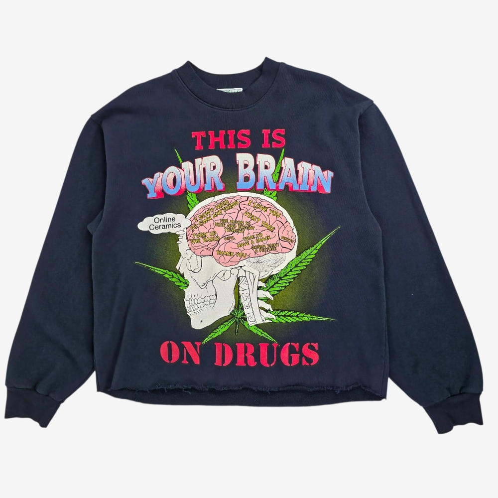 Online Ceramics Higher Than Heaven Sweatshirt Navy Raw Hem Graphic Size M
